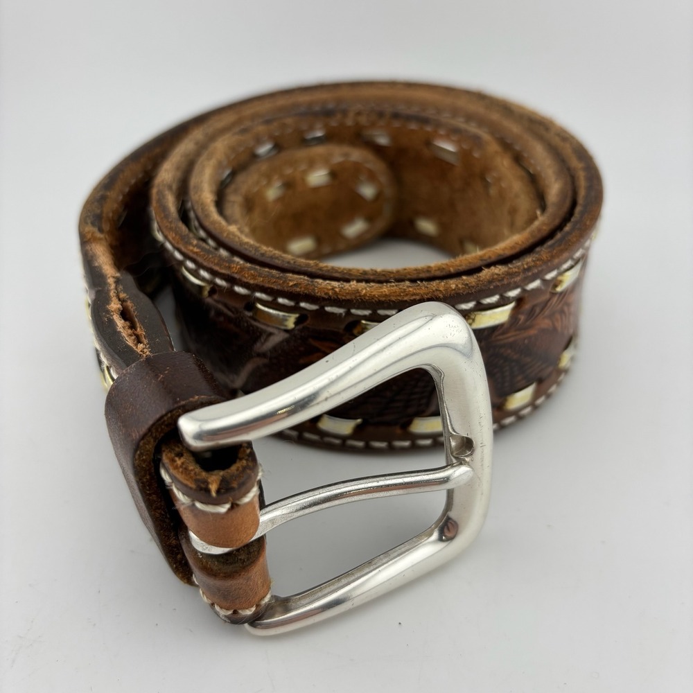 Brighton Leather Belt 44" Brown Floral Embossed Metallic Laced Western USA